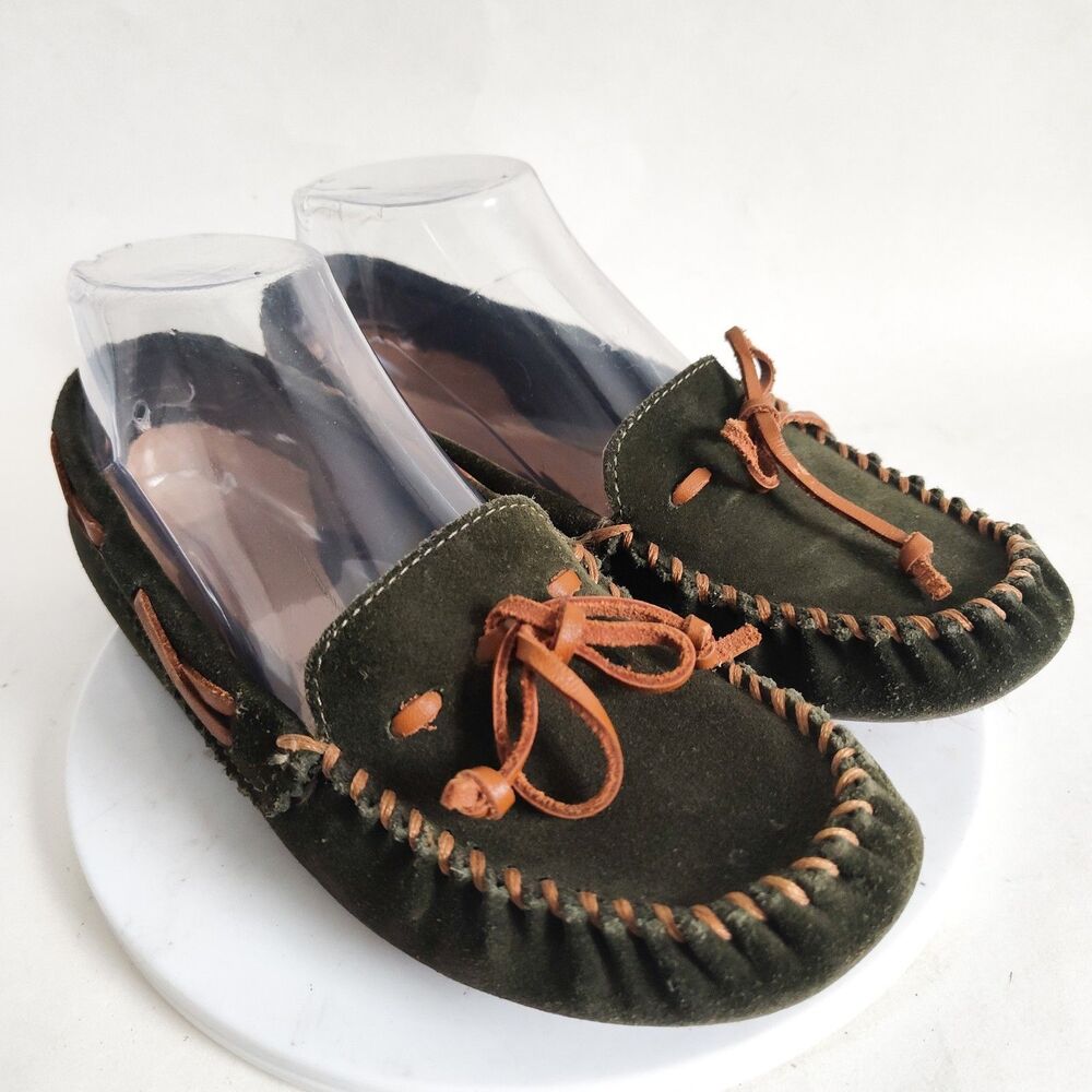Lands End Kilty Forest Green Suede Tan Leather Boho Moccasins Flats Size 7 M